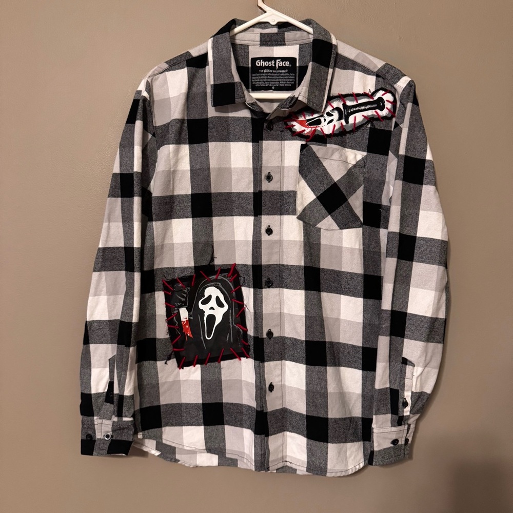 GhostFace Plaid Flannel Longsleeve Shirt Scream Slasher Grunge Patchwork Men Sm